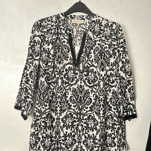 SALE! NWT JONES NEW YORK LINEN BLACK WHITE PRINT TUNIC TOP MANDARIN COLLAR $99